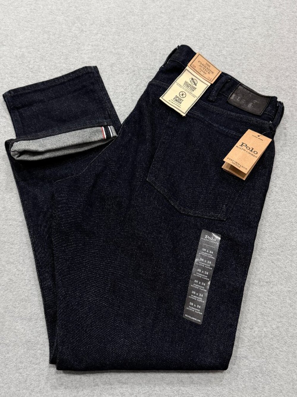 Polo Ralph Lauren Parkside Active Taper Selvedge Jeans Mens 38x34 Black NWT